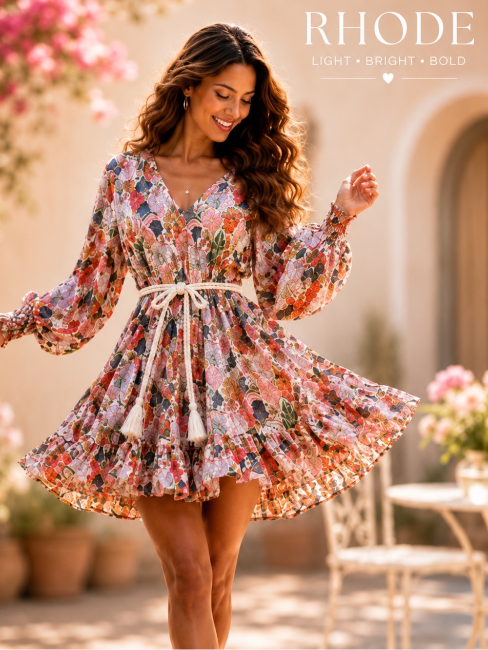 RHODE Print Smocked Mini Dress Resort Vacation Brunch Balloon Sleeve Fun Size M